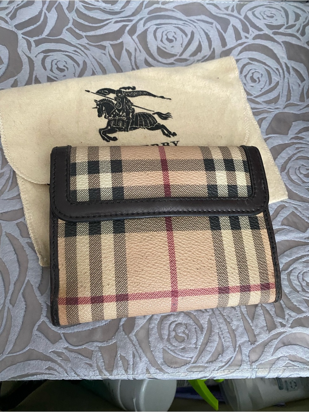 Burberry Beige Check Card Holder with Dark Brown Trim